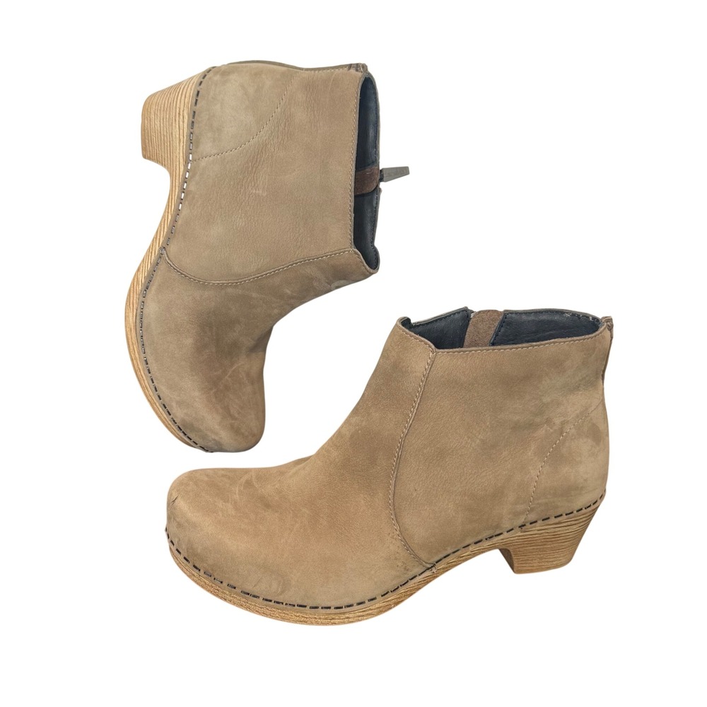 Dansko Maria Clog Booties Womens 37 US 6.5 7 Taupe Leather Chunky Block Heels